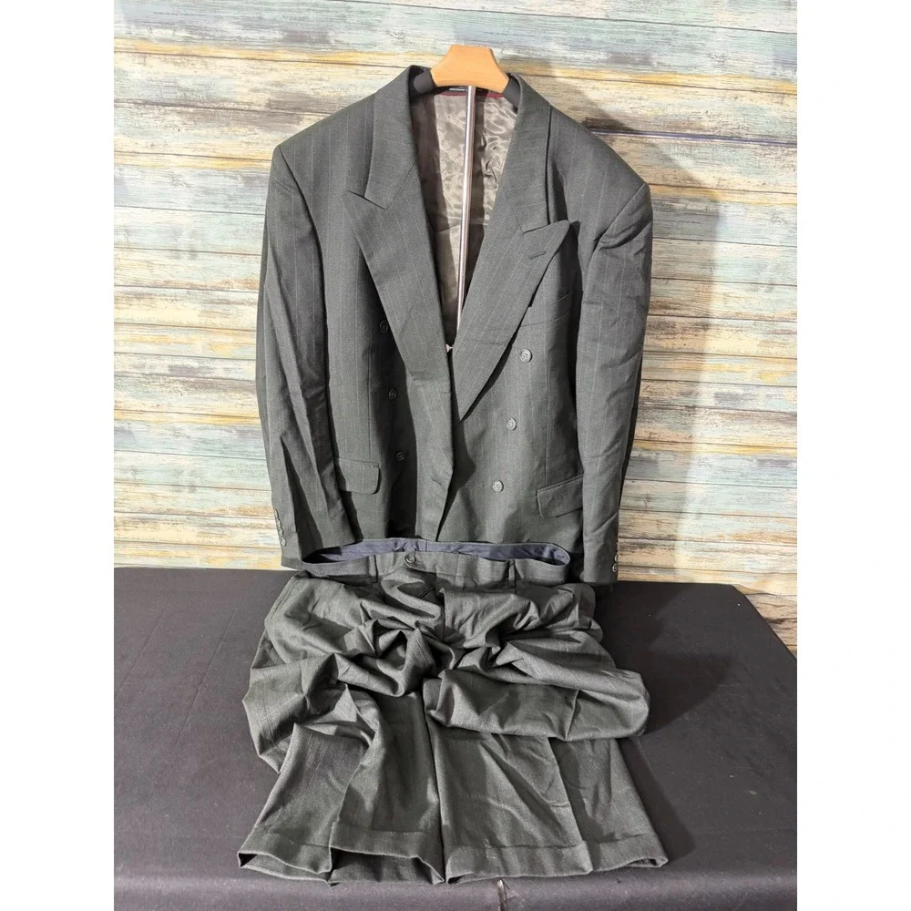 Glencarlyn Suit 44R W40 Gray Pinstripe Excellent Double Breasted Wool Pleated
